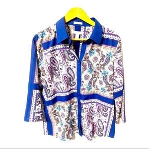Chicos “No Iron” multicolored paisley block print button down  #H31